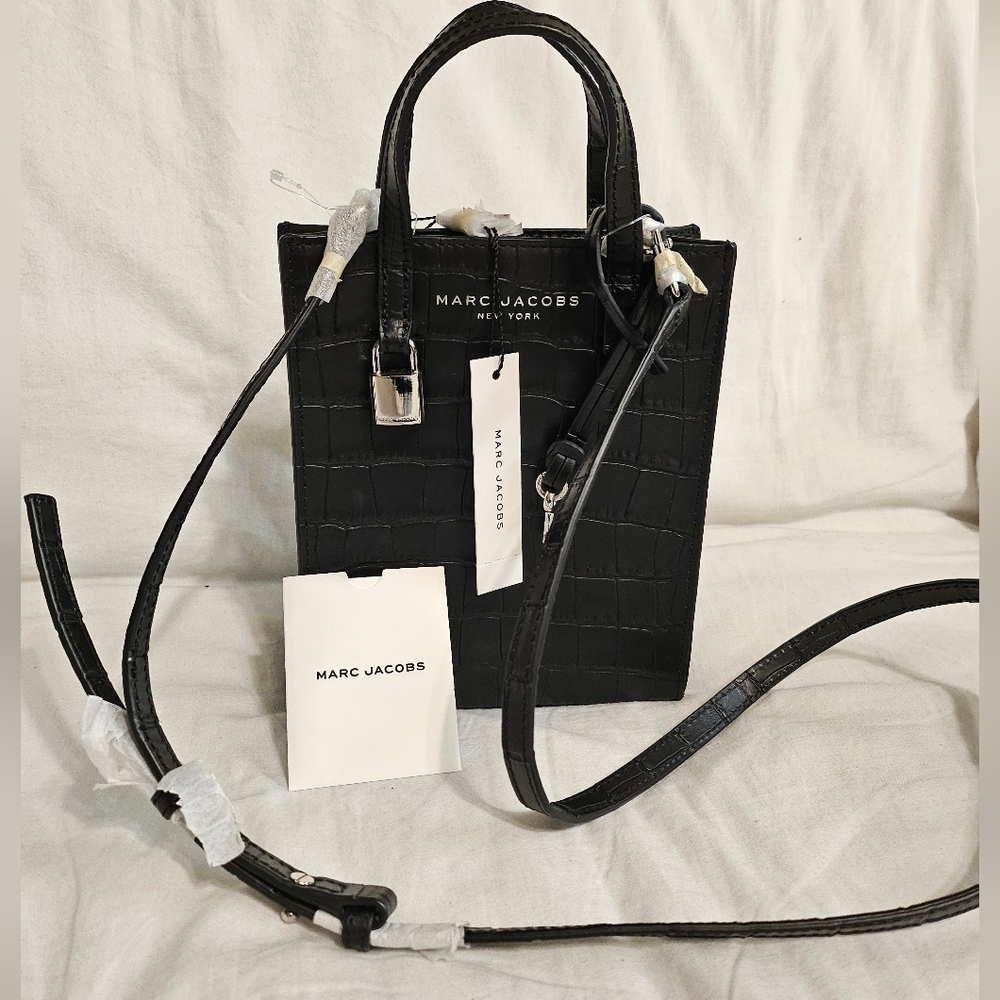 MARC JACOBS Black Croc Print Leather Micro Tote Crossbody NWT